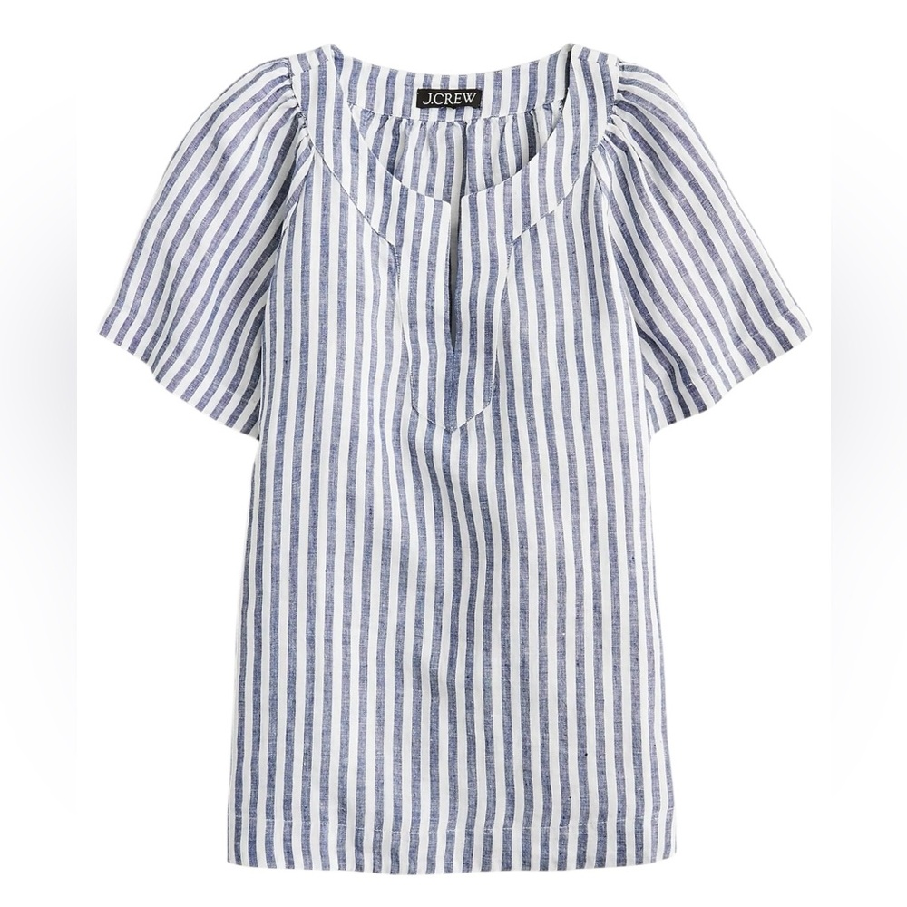 J. Crew Flutter Sleeve Linen V-Neck Top in Stripe Size XS Blue White Coastal